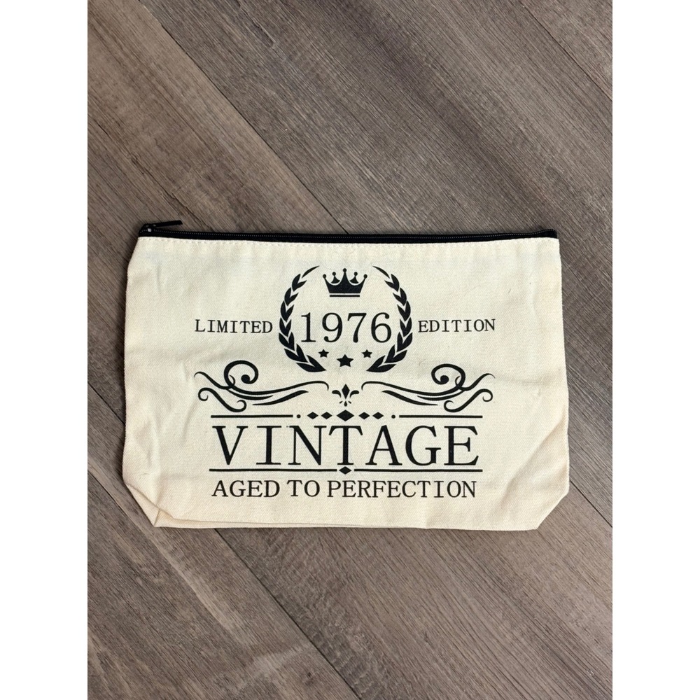 Vintage 1976 Limited Edition Canvas Makeup Bag Zipper Pouch Cream Black